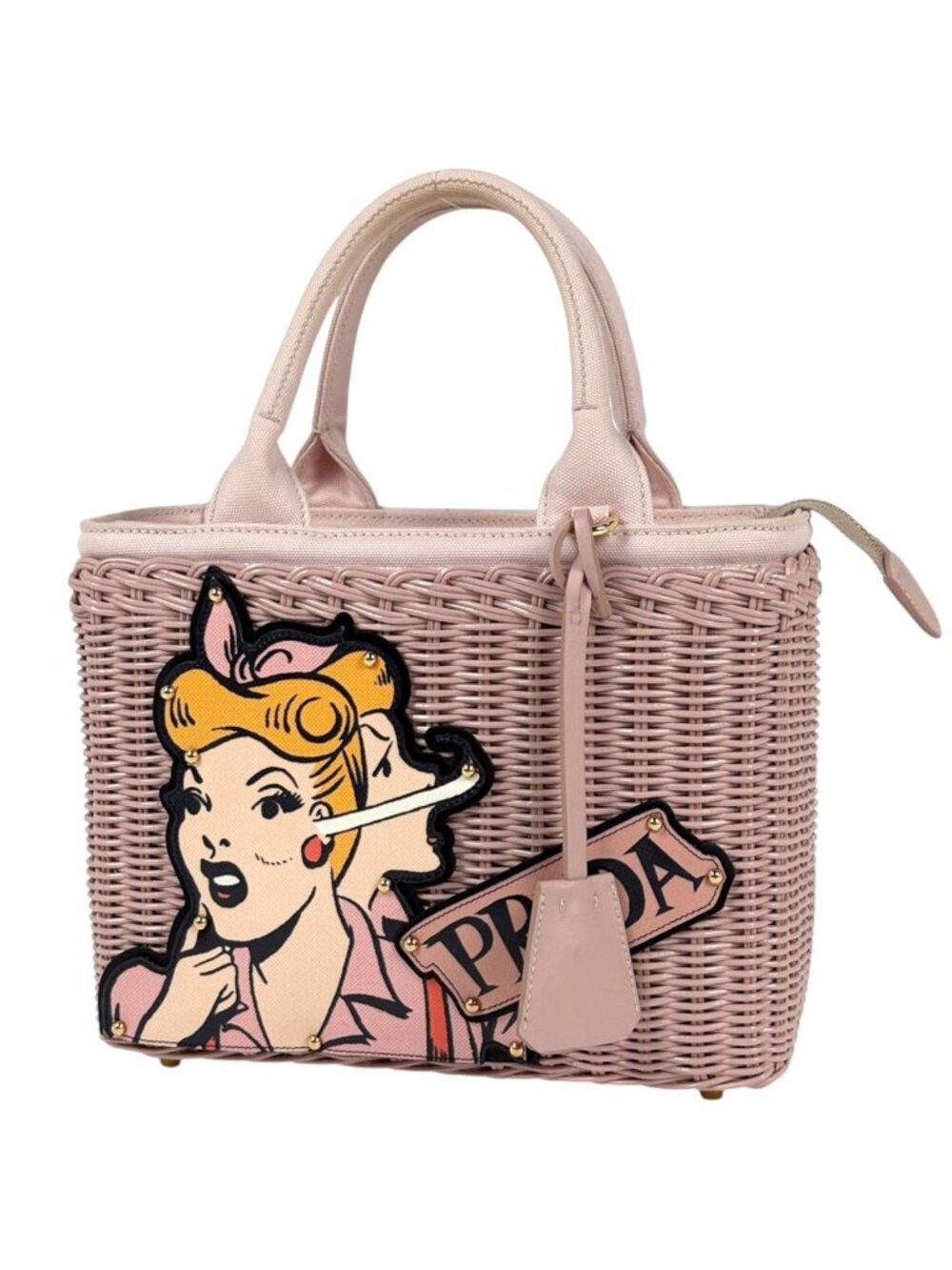 Prada Handbag Wicker Basket Bag 2-Way Rattan Pink